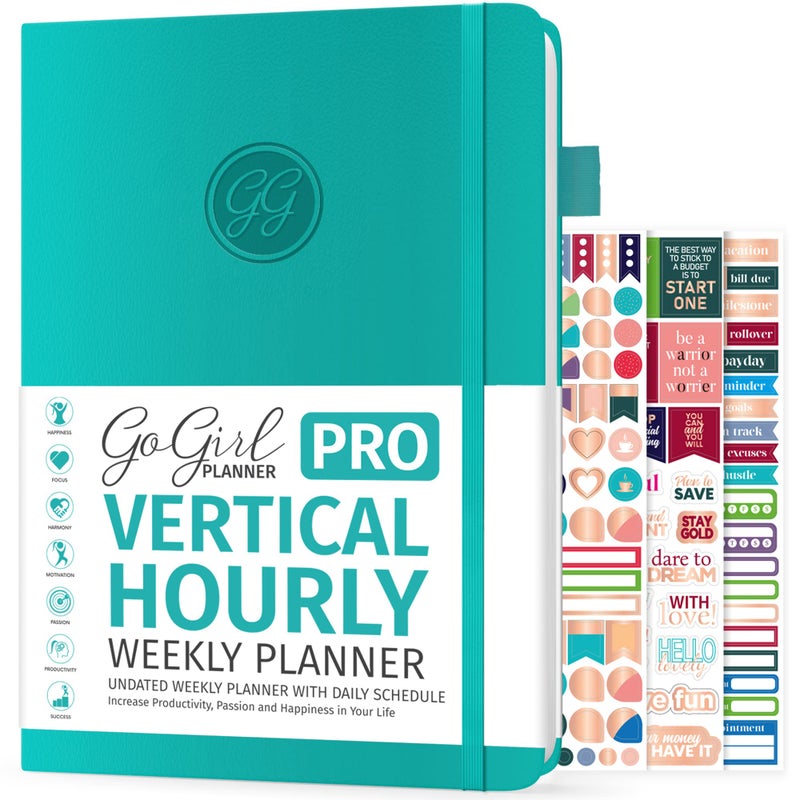 GoGirl Planner PRO Schedule - Undated Planner with Hourly Time Slots, Monthly, Weekly & Daily Organizer, Appointment Book for time Management, 7"x10" Hardcover, Lasts 1 Year - Turquoise - Image 1